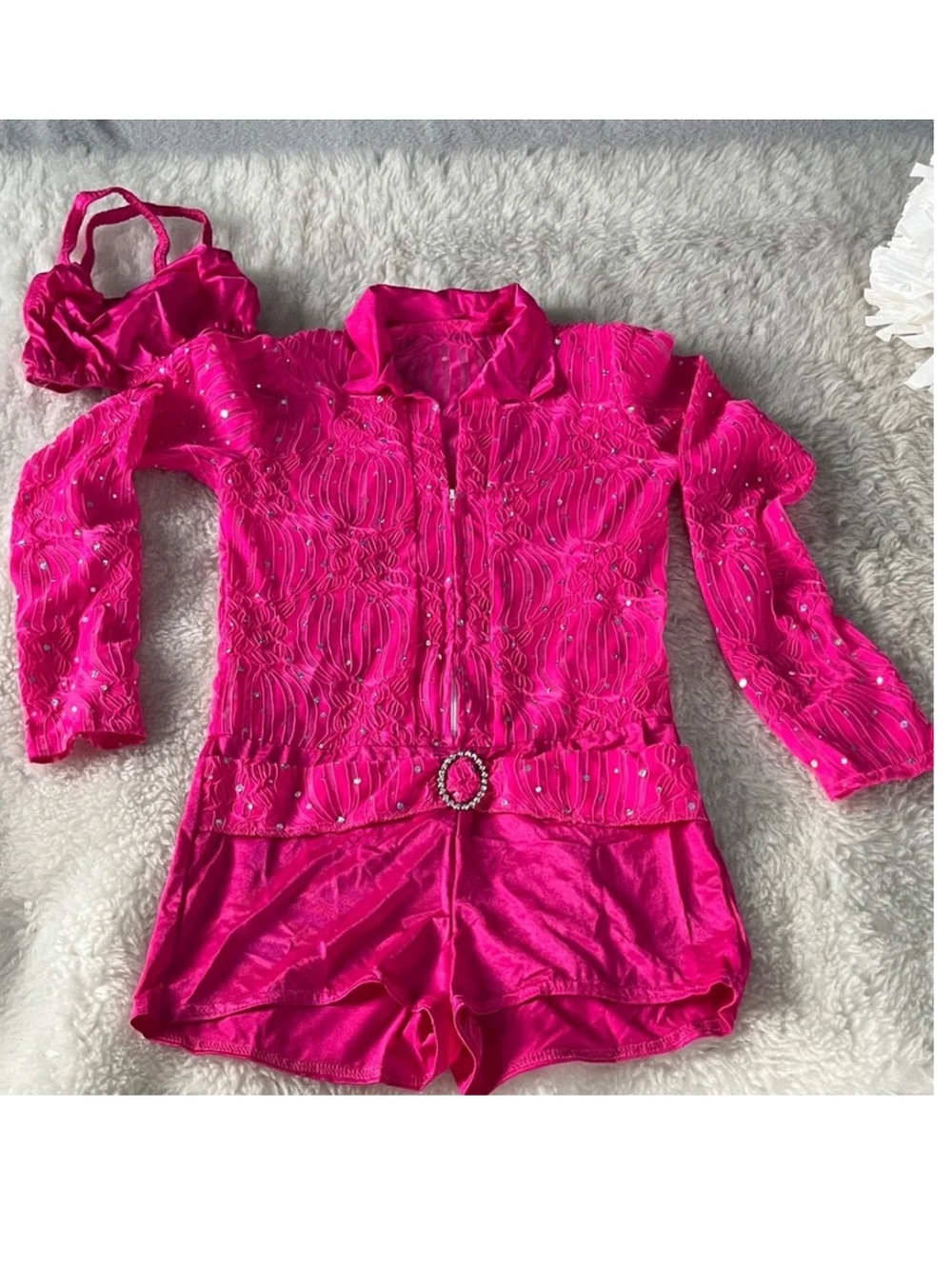Kelle Bright Pink sparkly zip up long sleeve dance costume with crop top. Sz L